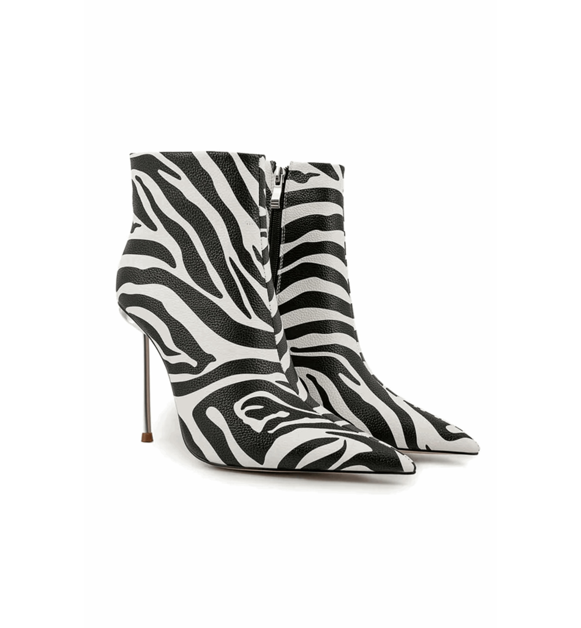 Zebra print high-heeled boots on a white background