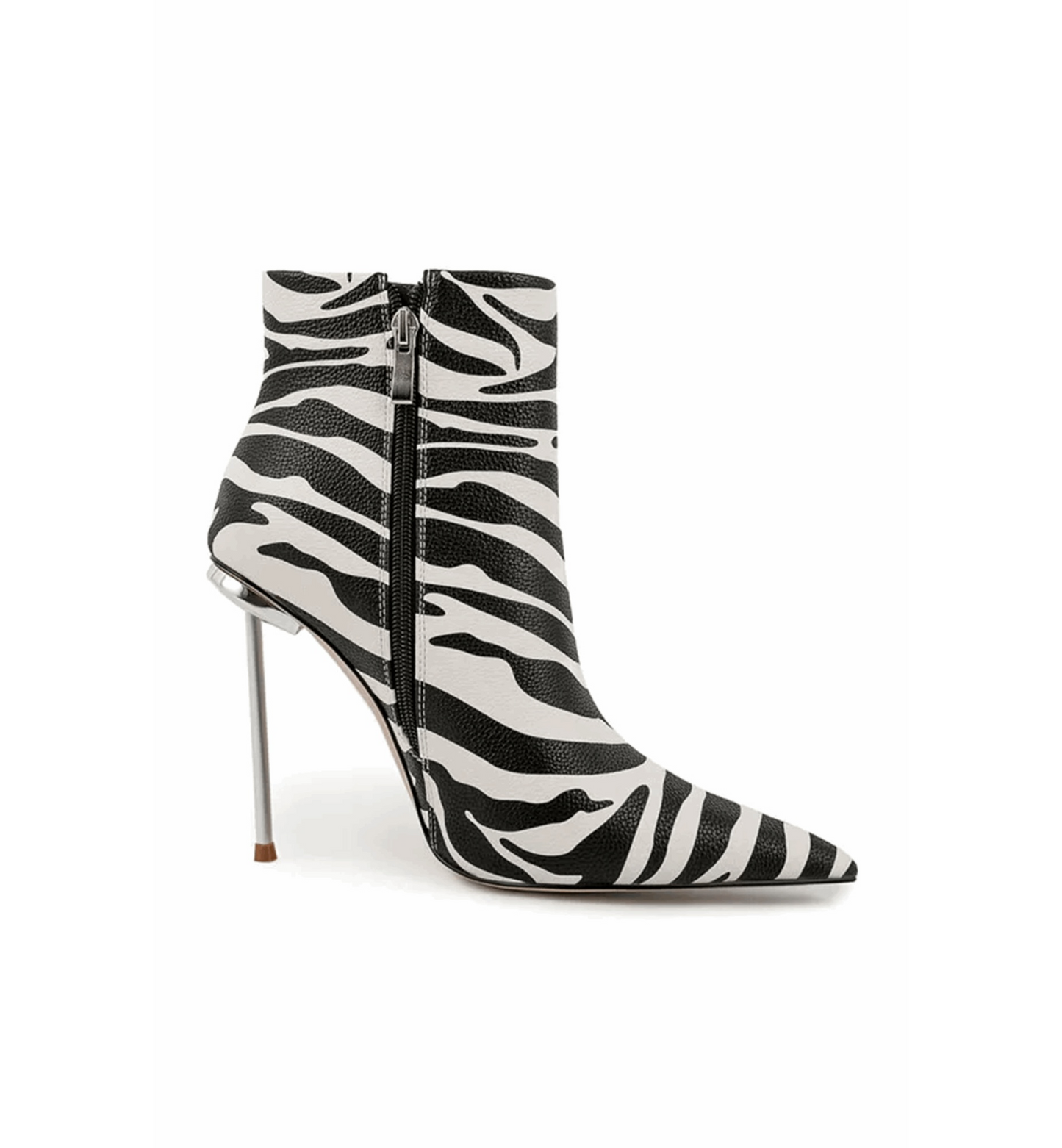 Zebra-patterned high-heeled ankle boot on a white background