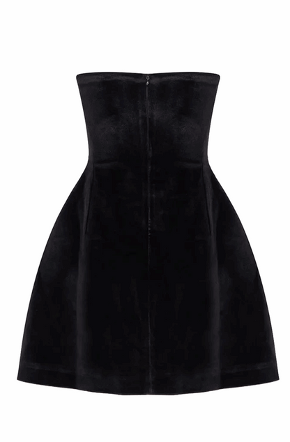 Black velvet strapless dress with red hearts