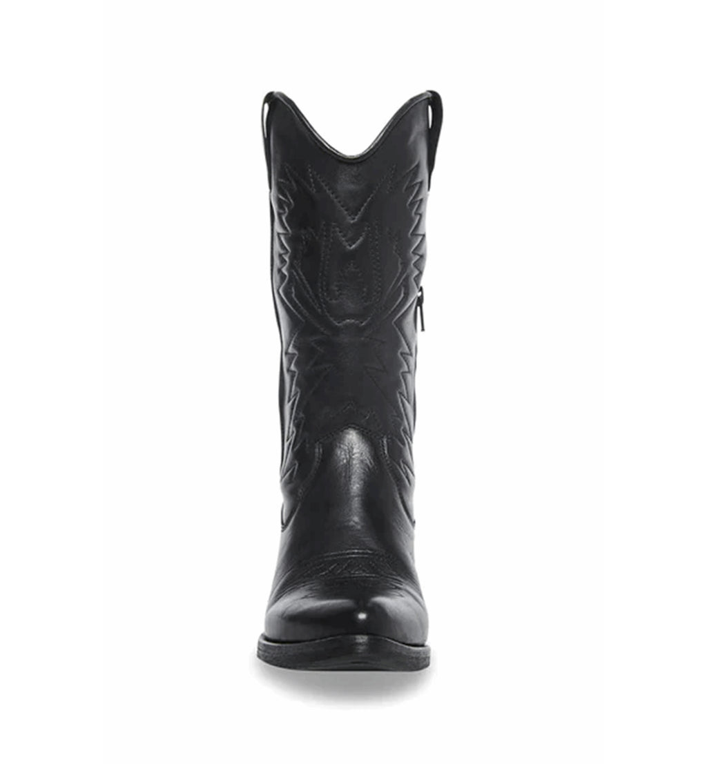 Parinmi black cowboy boots featuring sleek silhouette and detailed stitching