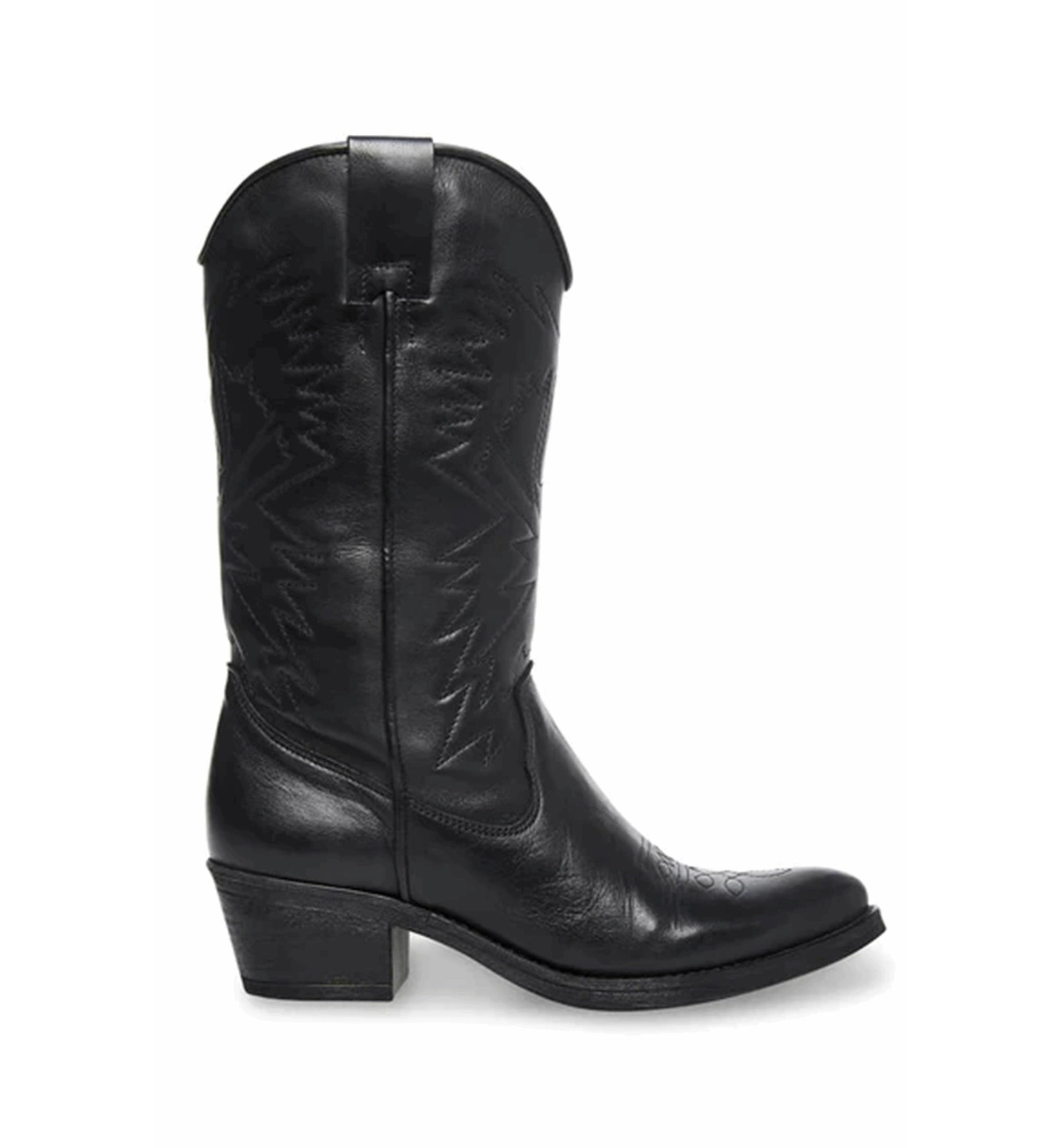 Black leather cowboy boot on a white background