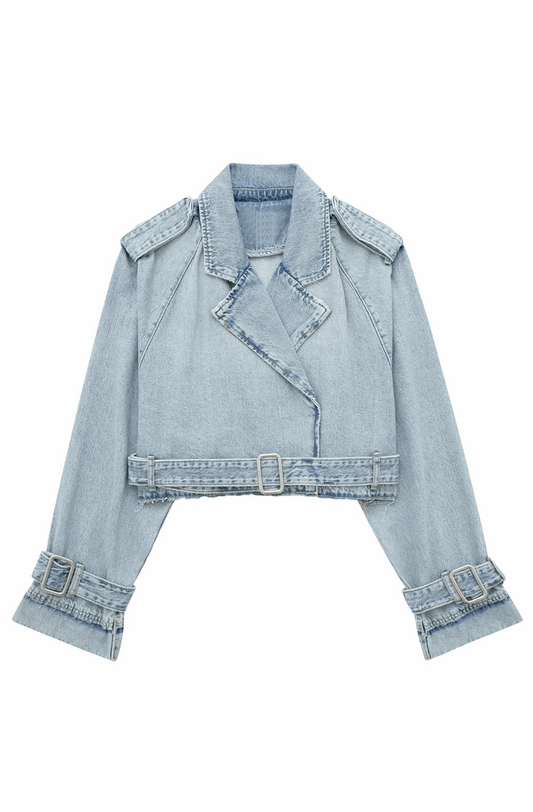 Denim cropped trench coat