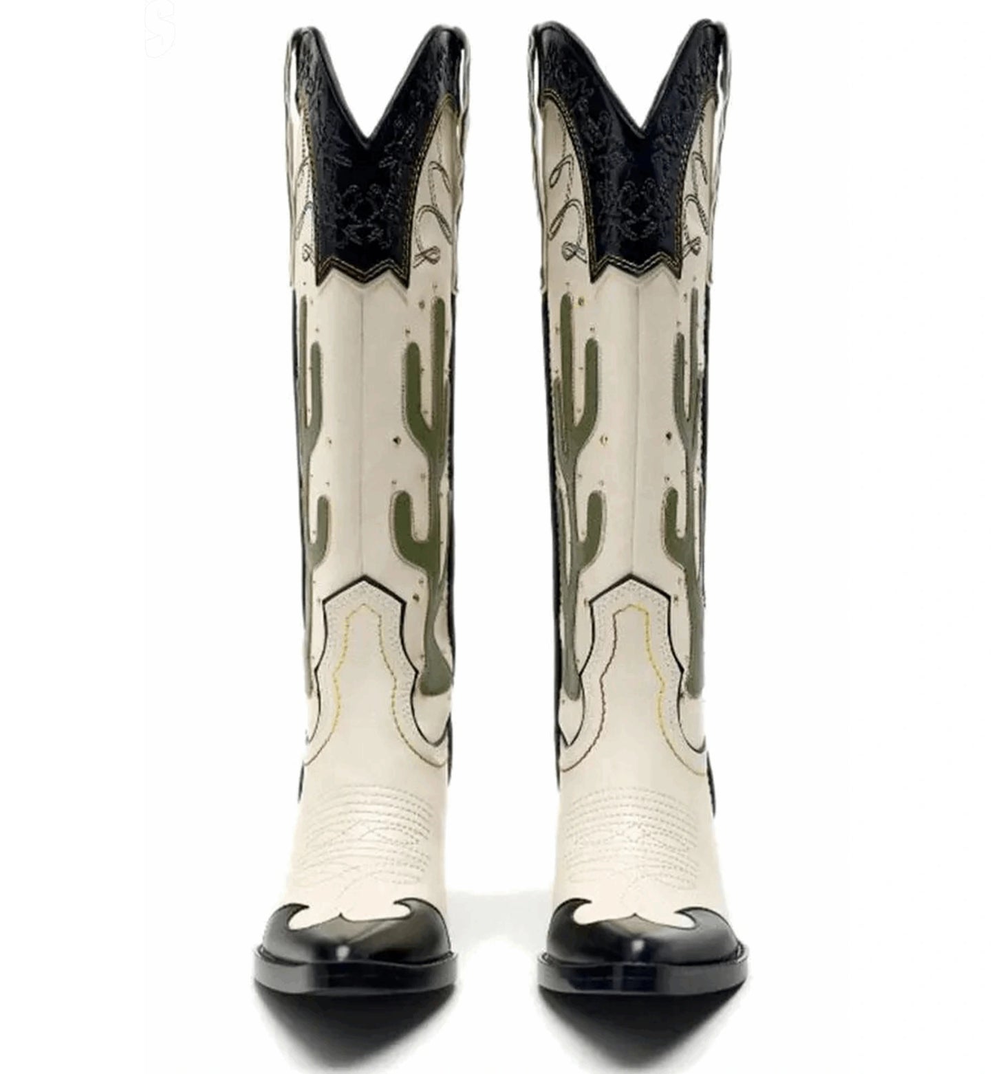 White cowboy boots with black accents and cactus design on a white background