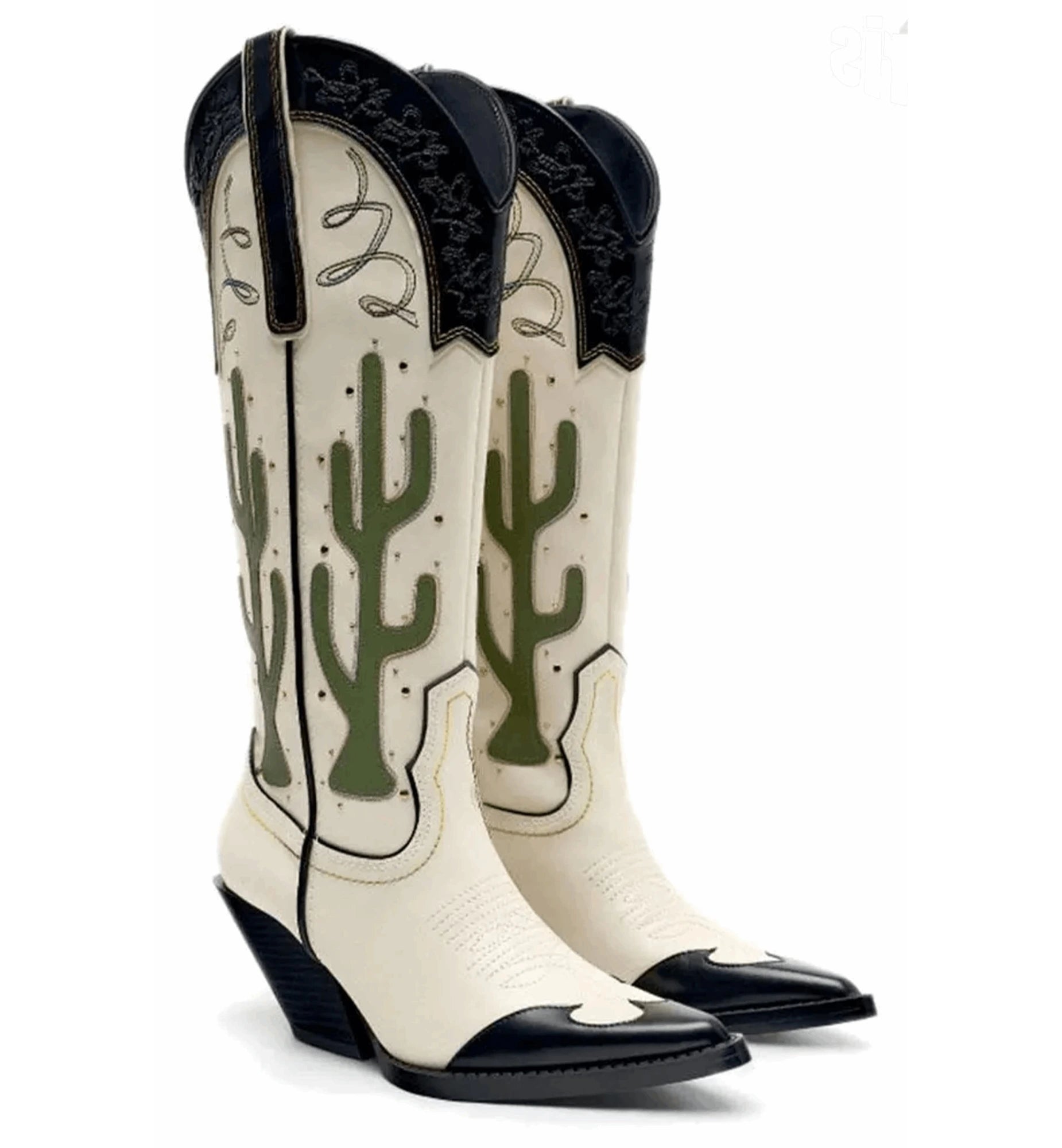White cowboy boots with green cactus design and black accents on a white background