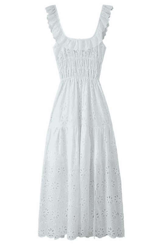 Boho white embroidery hollow out maxi dress