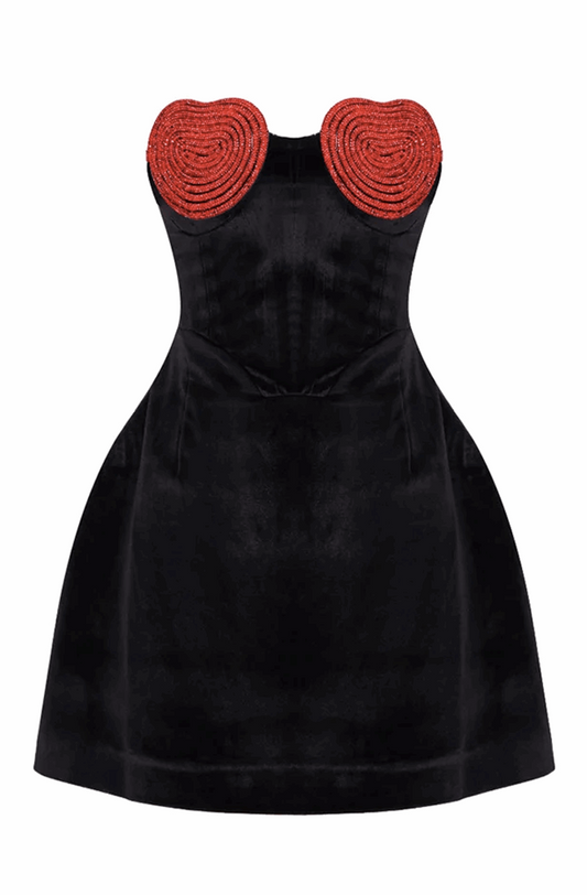 Black velvet strapless dress with red hearts