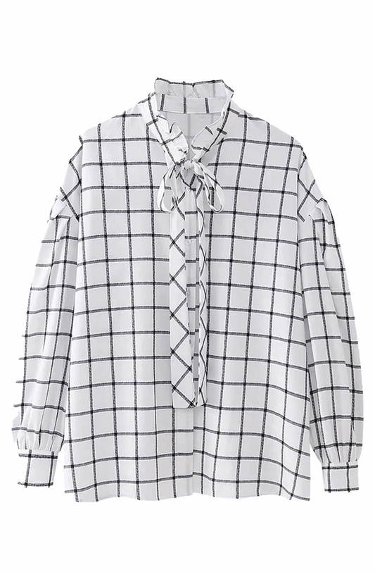Plaid print office shirt with bow collar