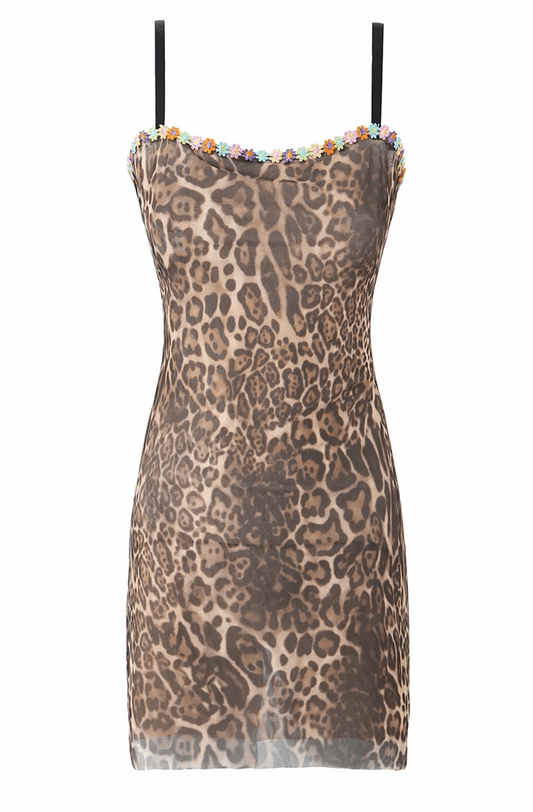 Leopard dress with floral embroidery