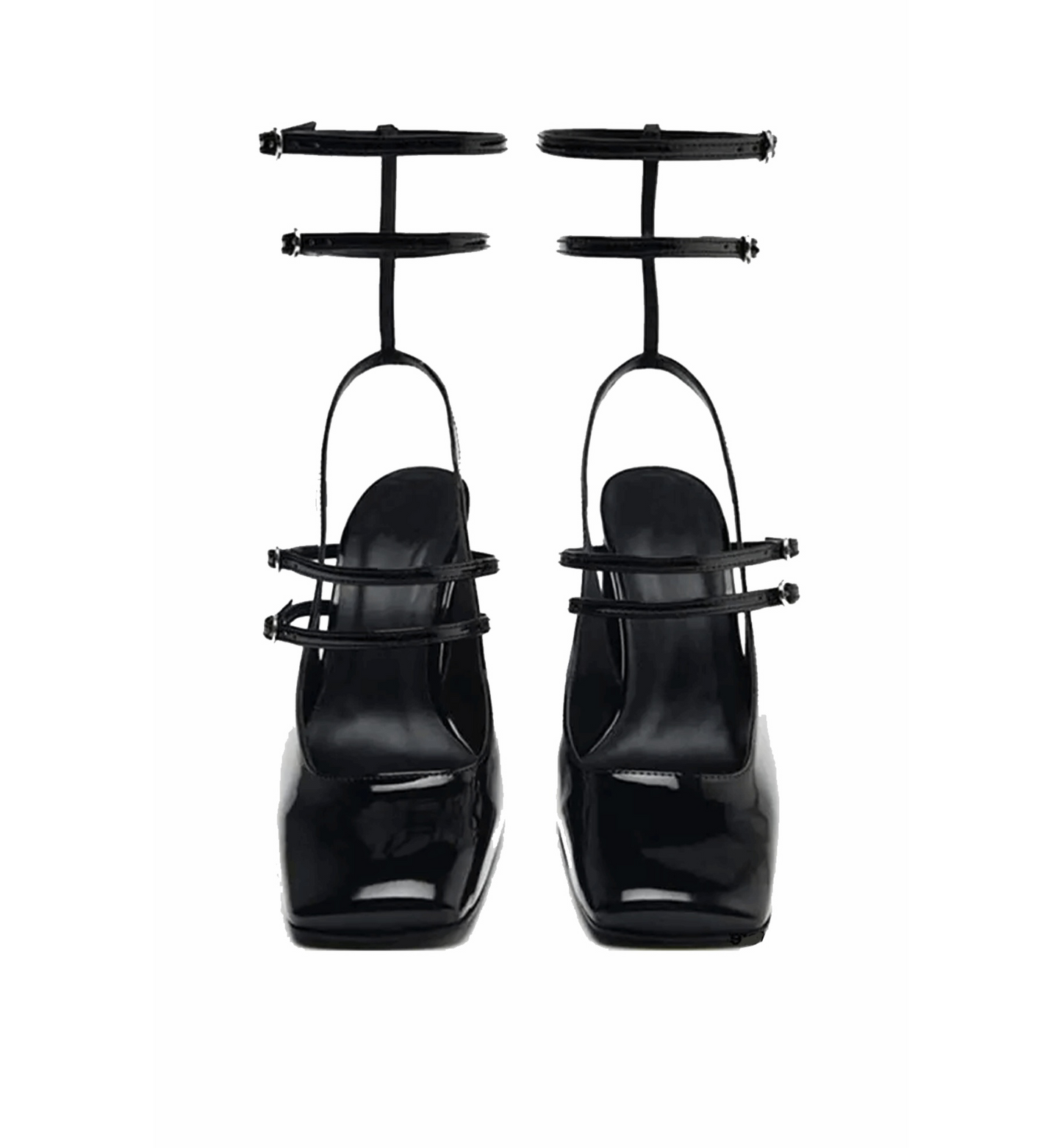 Black high-heeled shoes with unique strap design on a white background
