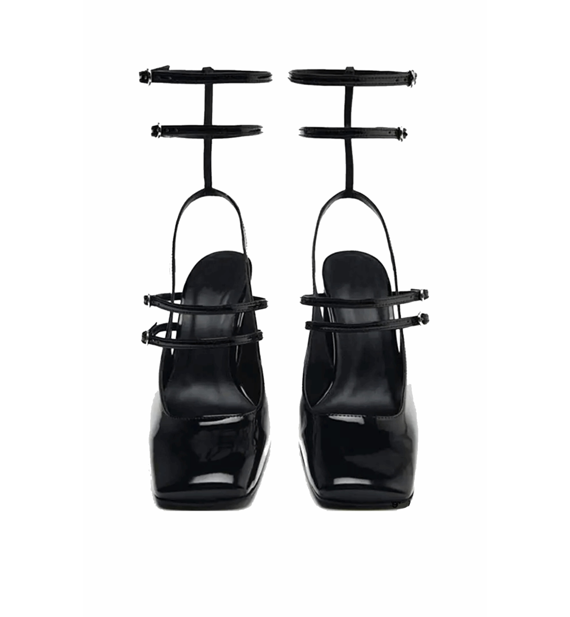 Black high-heeled shoes with unique strap design on a white background