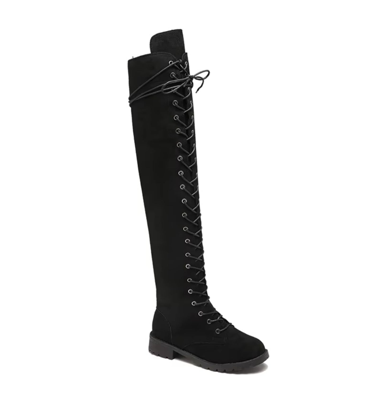 Black knee-high boot with lace-up design on a white background