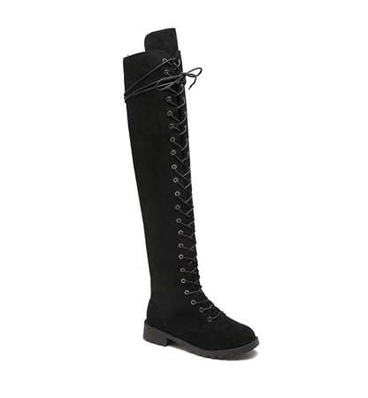 Black knee-high boot with lace-up design on a white background