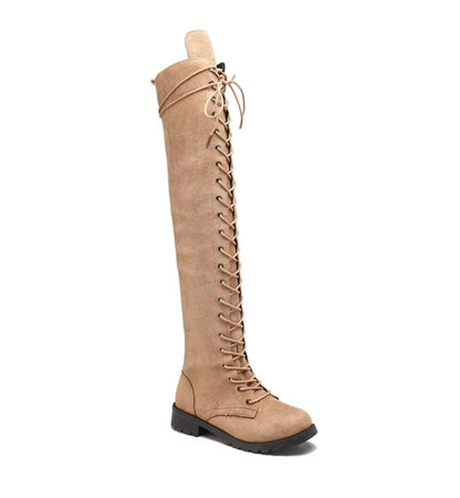 Tan knee-high boot with lace-up design on a white background