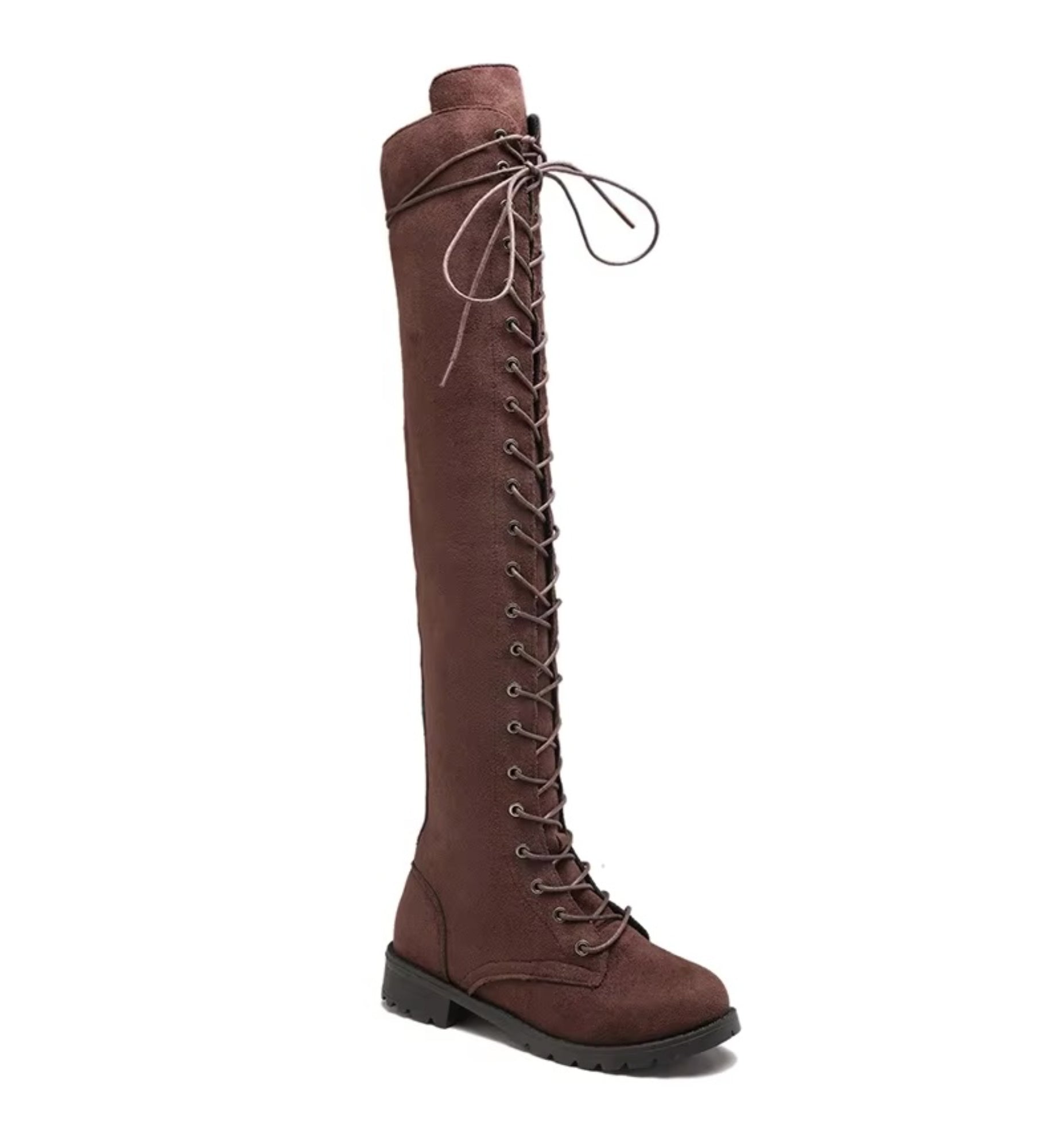 Brown knee-high boot with lace-up design on a white background