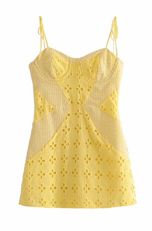 Yellow embroidered and gingham dress