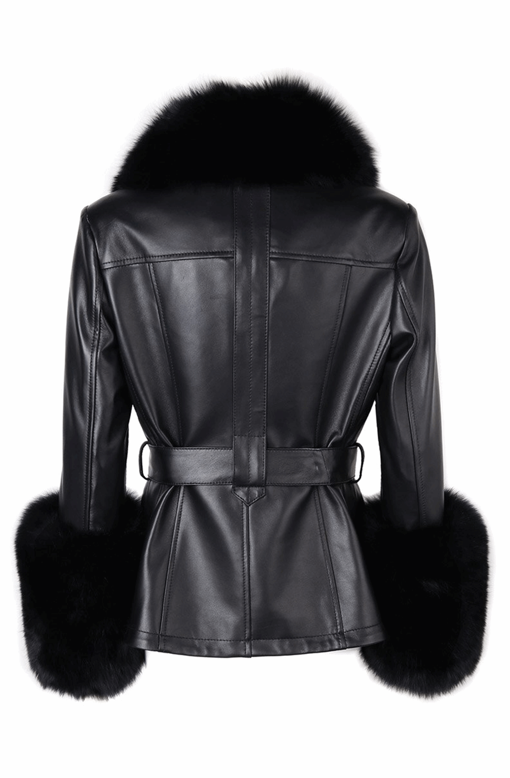 Leather jacket with fur collar and cuffs