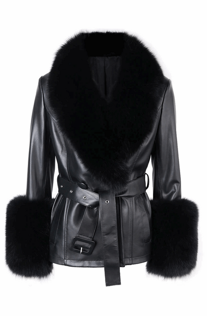 Leather jacket with fur collar and cuffs