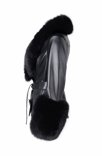 Leather jacket with fur collar and cuffs