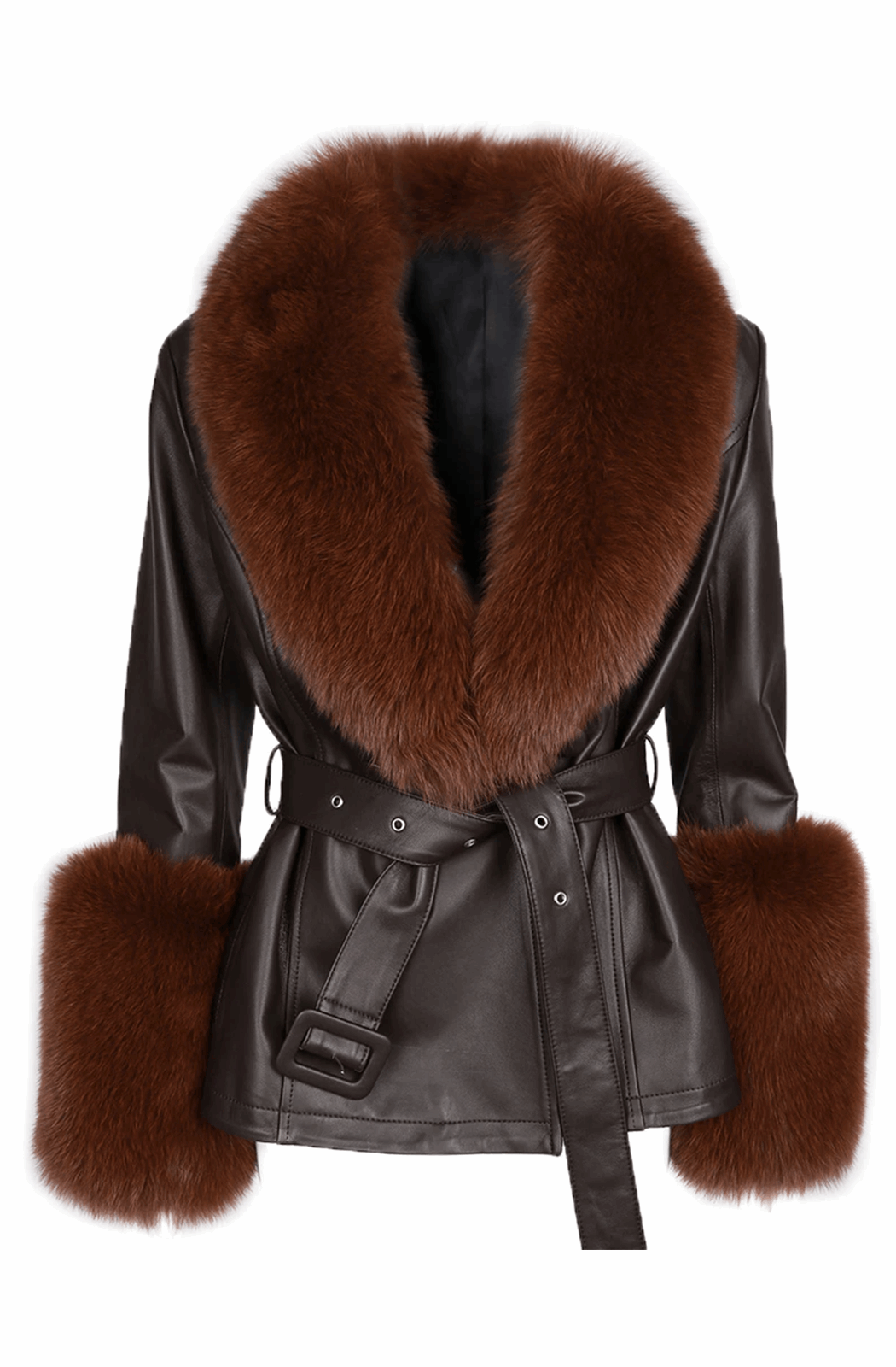 Leather jacket with fur collar and cuffs