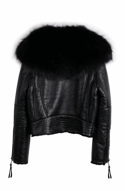 Winter warm big fur collar leather jacket
