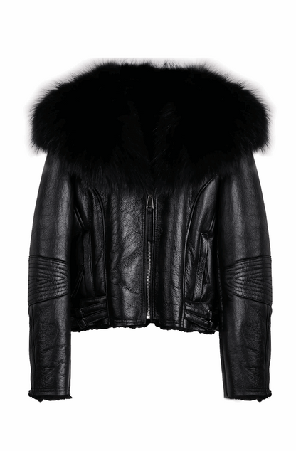 Winter warm big fur collar leather jacket