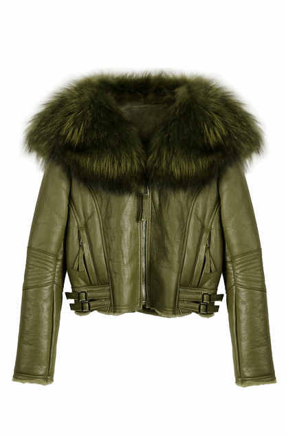 Winter warm big fur collar leather jacket