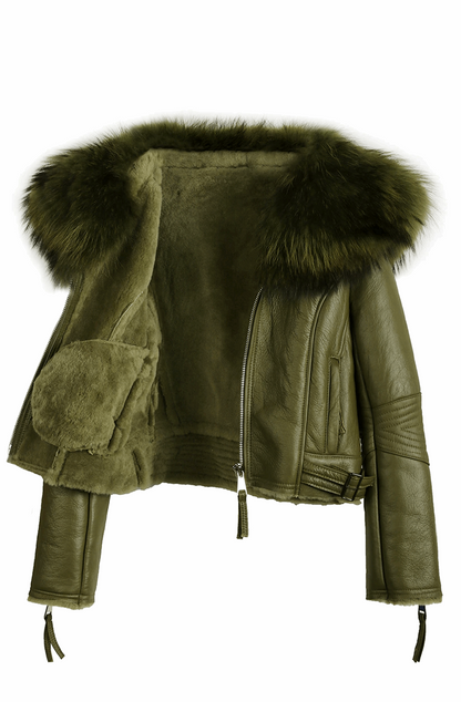 Winter warm big fur collar leather jacket