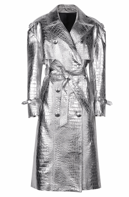 Silver croco pattern leather trench coat