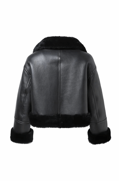 Leather coat with fur collar and cuffs