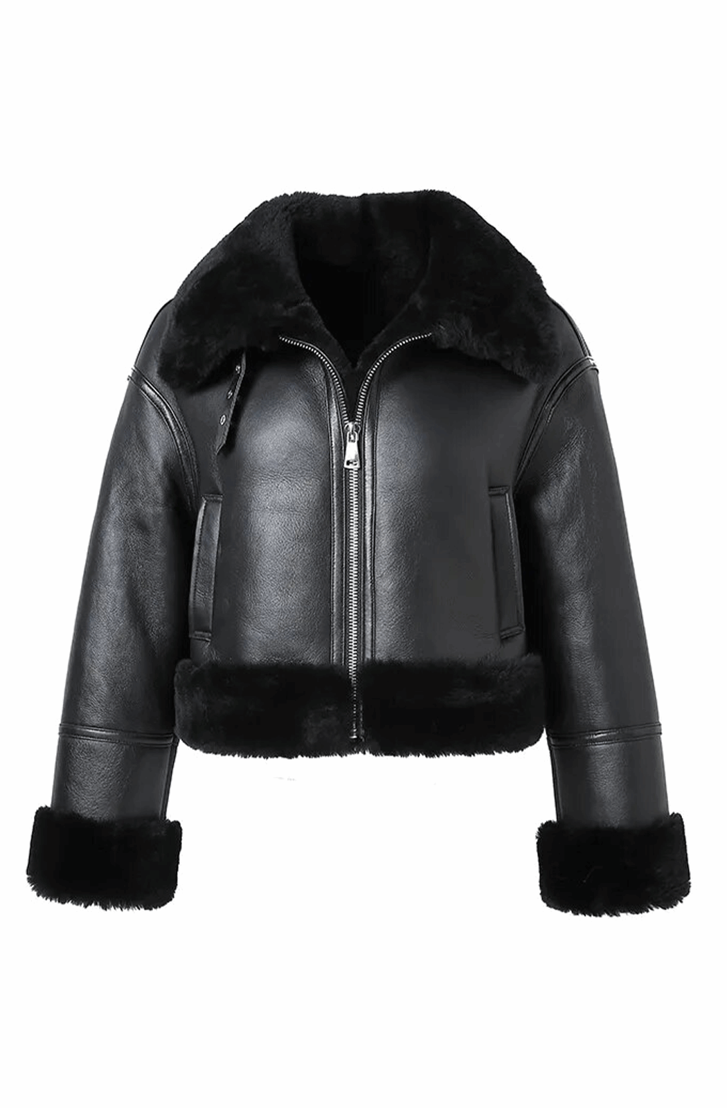 Leather coat with fur collar and cuffs