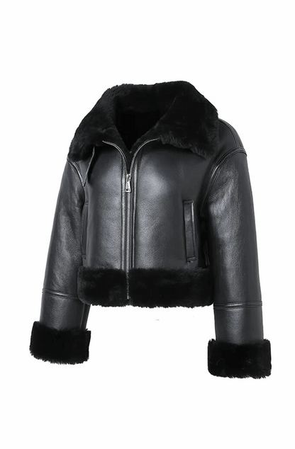 Leather coat with fur collar and cuffs