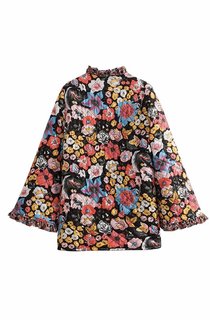 Floral printed chic lambswool coat