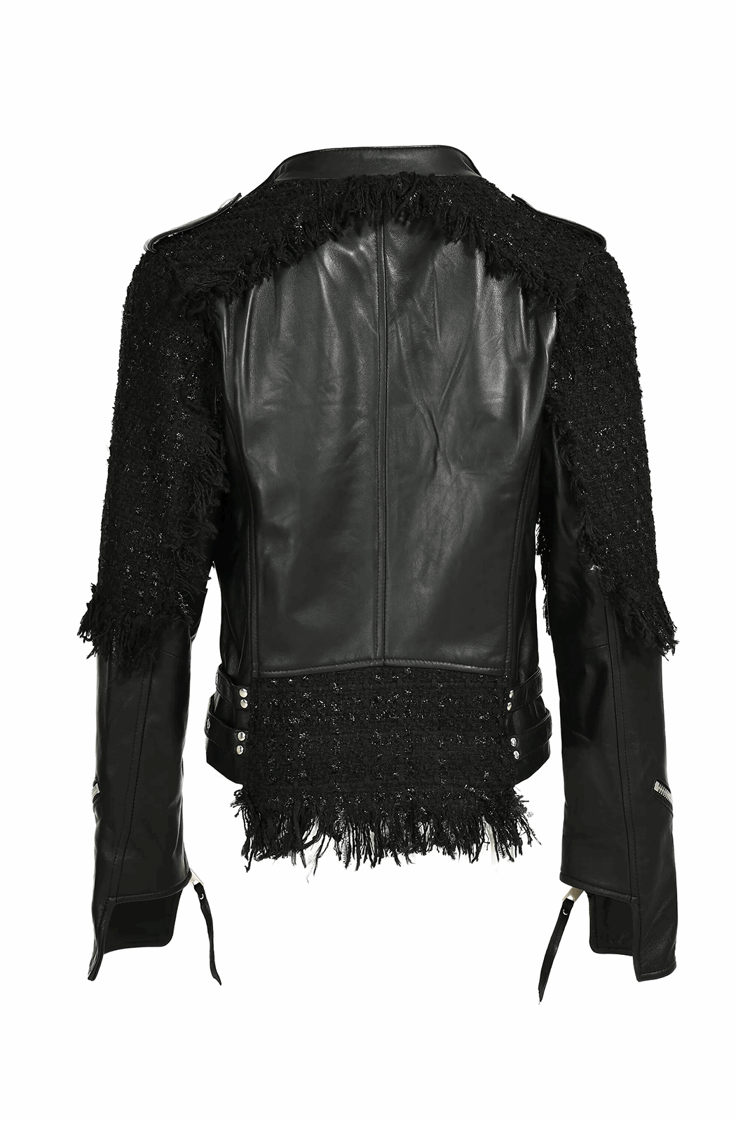 Real leather biker jacket with tweed patchwork