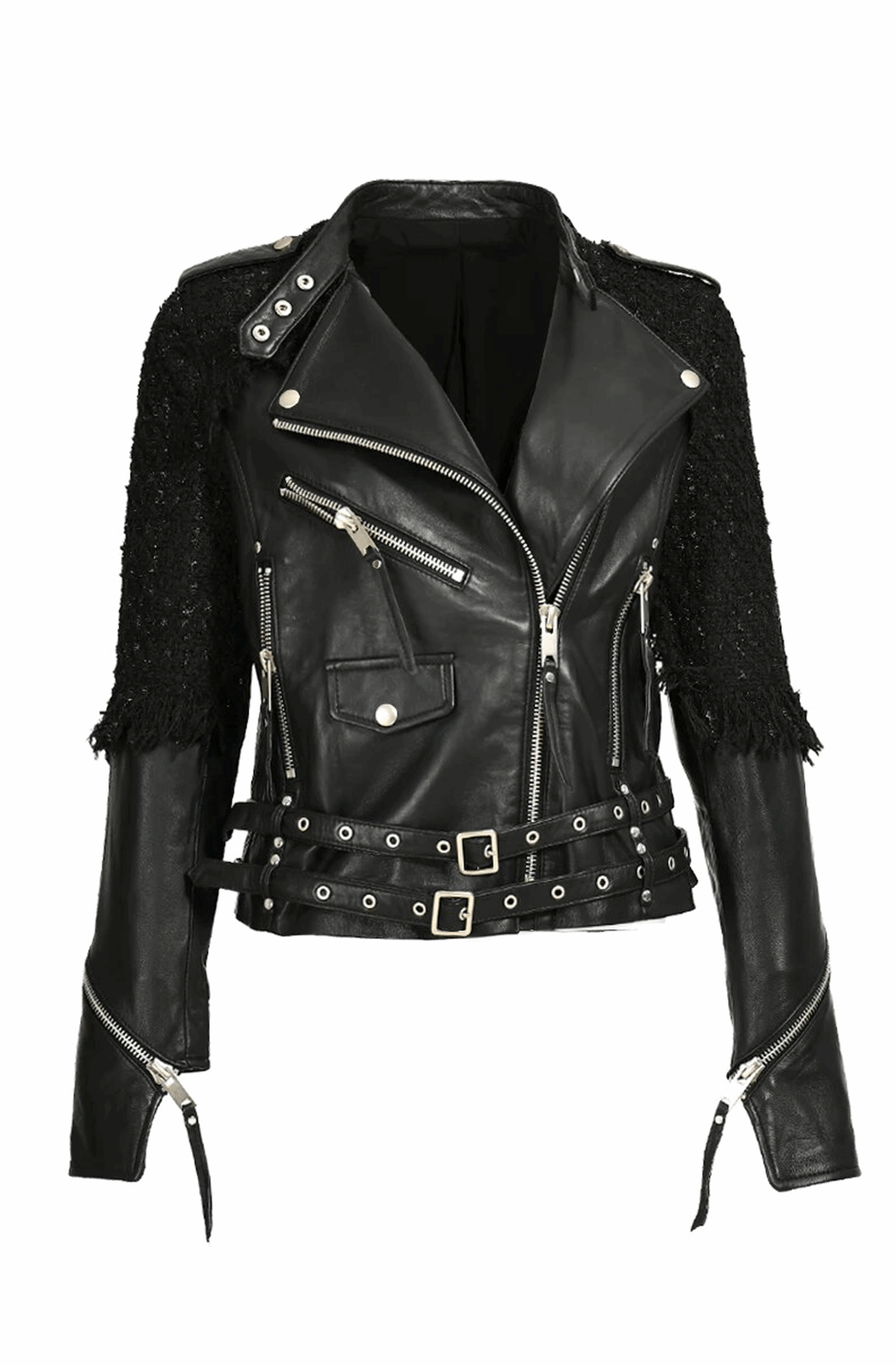 Real leather biker jacket with tweed patchwork