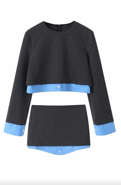 Patchwork plaid shirt and mini skirt set