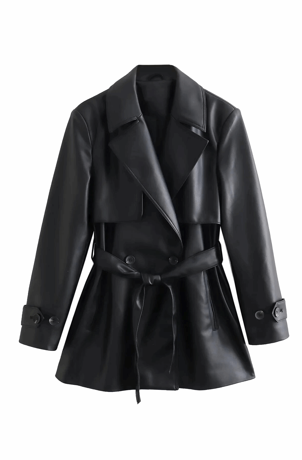 Short black leather trench coat