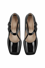 Patent leather square toe Mary Jane buckle strap chunky heel pumps