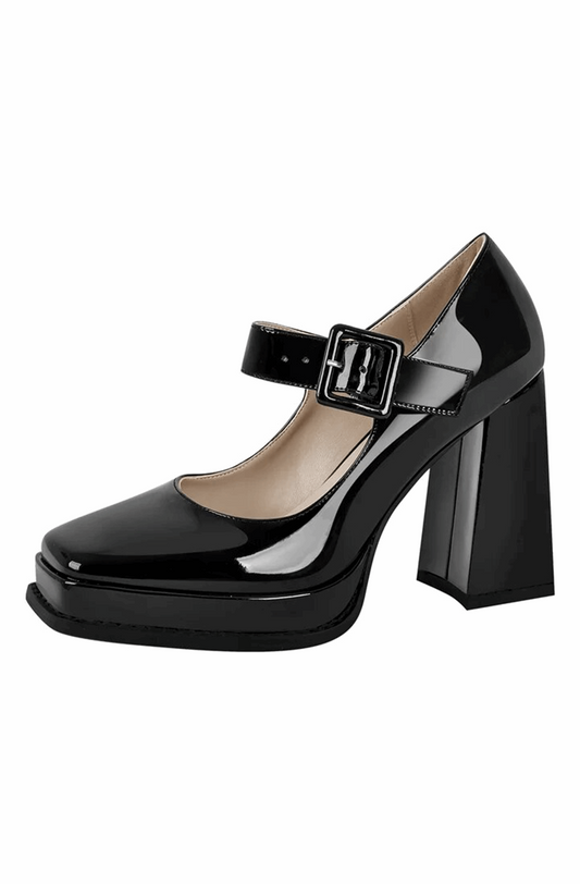 Patent leather square toe Mary Jane buckle strap chunky heel pumps