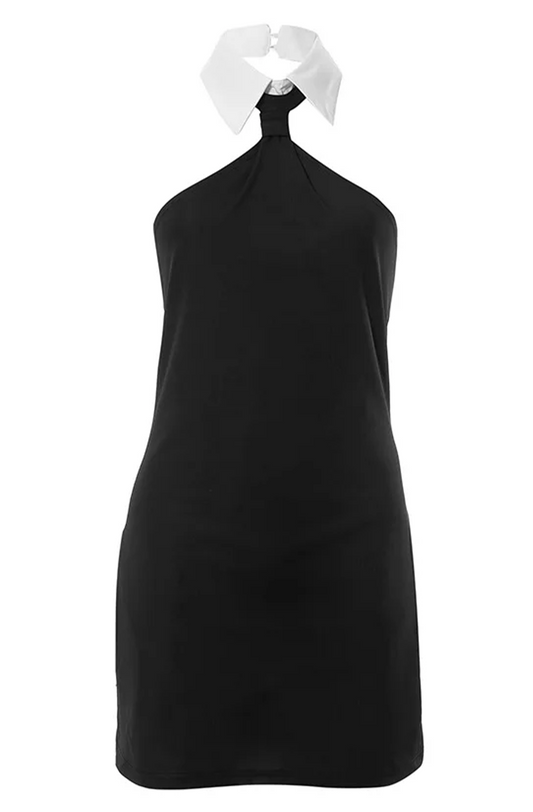 Sleeveless turn down collar black mini dress