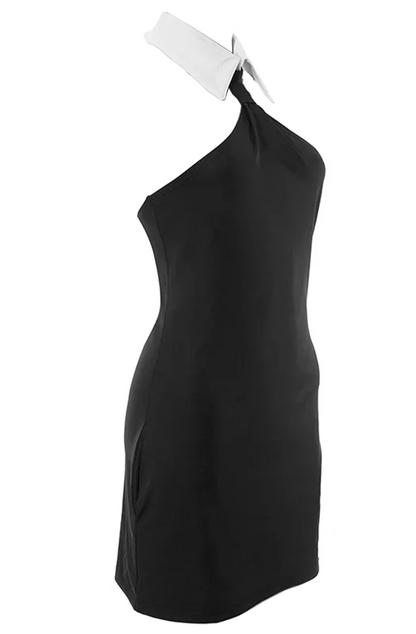 Sleeveless turn down collar black mini dress