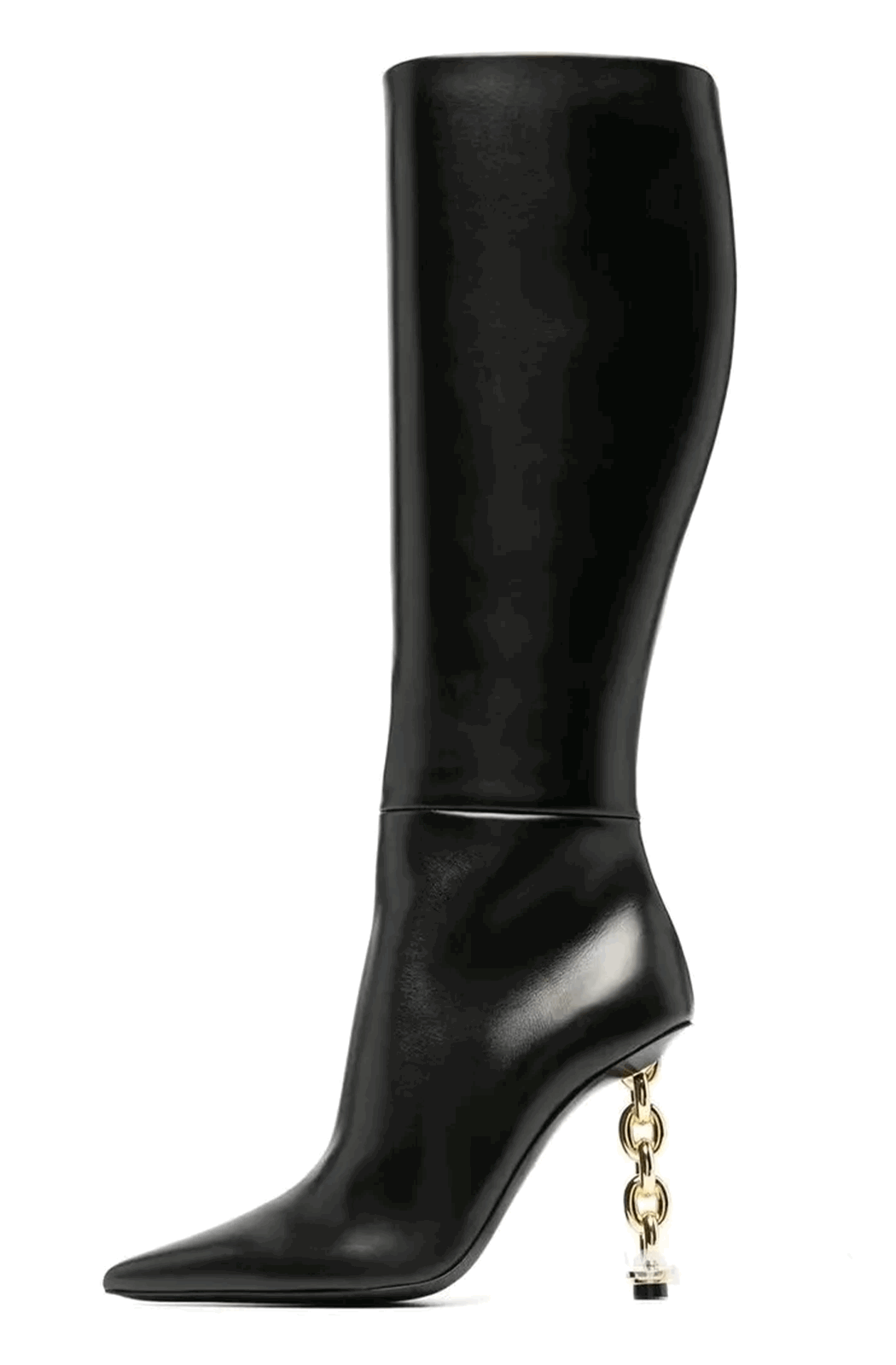 Black knee length boots with chain heels
