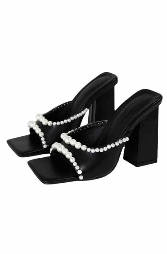 Square open toe heeled sandals with pearls