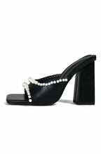 Square open toe heeled sandals with pearls