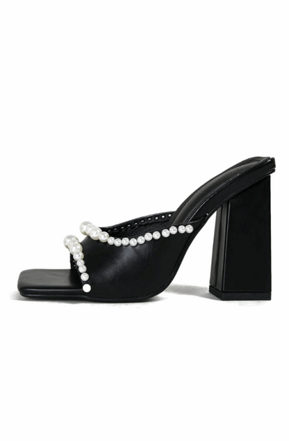 Square open toe heeled sandals with pearls
