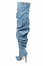 Pleated denim over the knee boots