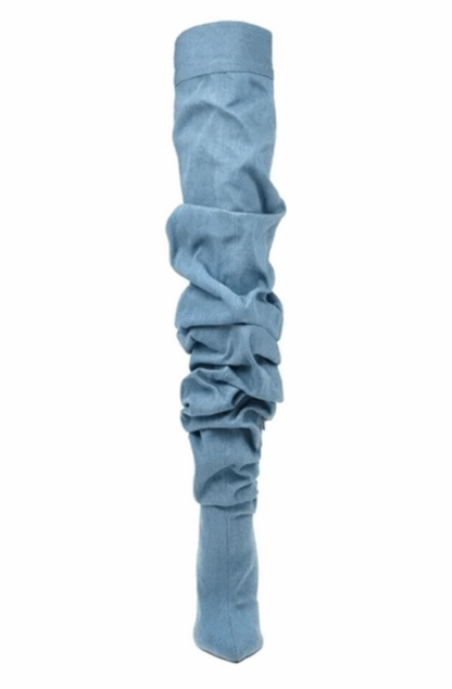 Pleated denim over the knee boots