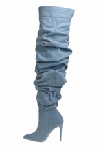 Pleated denim over the knee boots