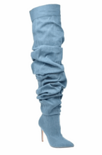 Pleated denim over the knee boots