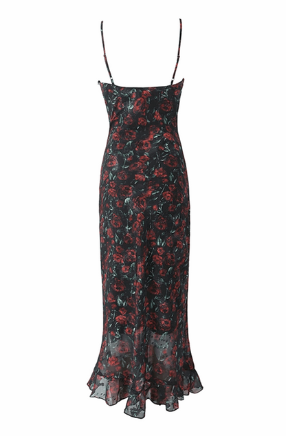 Flower printed chiffon maxi dress