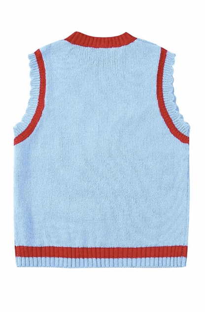Blue sweater vest with drawing